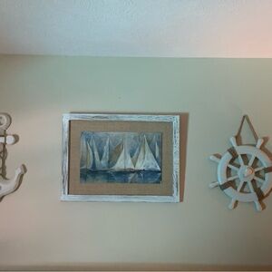 Sailboat Wall Art w White Frame plus an Anchor & boat wheel
